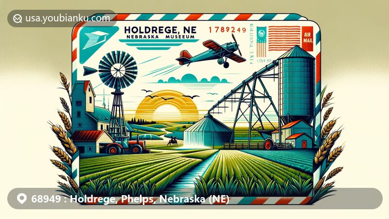 Modern illustration of Holdrege, Phelps County, Nebraska, depicting postal theme with ZIP code 68949, showcasing Nebraska Prairie Museum and agricultural legacy with irrigation and grain elevators.