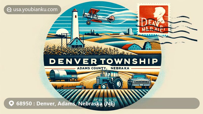 Modern illustration of Denver Township, Adams County, Nebraska, depicting rural and agricultural scene with fields, farming equipment, and open spaces, featuring vintage air mail envelope with ZIP code 68950, overlaid with iconic Nebraska landmark and postmark.