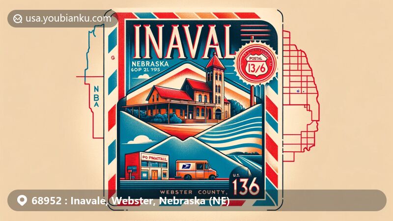 Modern digital illustration of Inavale, Webster County, Nebraska, featuring airmail envelope with Community Hall stamp and postal elements, highlighting the 68952 ZIP Code area.