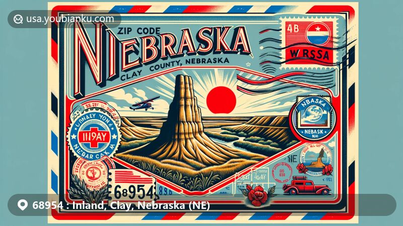 Modern illustration of Inland, Clay County, Nebraska, featuring vintage air mail envelope with ZIP code 68954, showcasing Chimney Rock and state symbols.