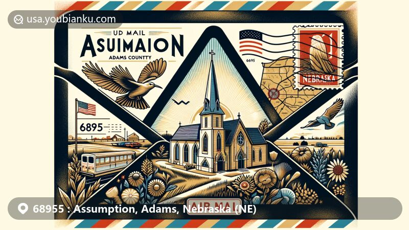 Modern illustration of Assumption area, Adams County, Nebraska, featuring Church of the Assumption and state symbols like Western Meadowlark, Goldenrod, and Cottonwood.