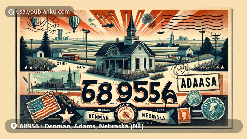 Modern illustration of Denman and Adams, Nebraska (NE), showcasing vintage postcard theme with air mail envelope, postage stamps, postmarks, and subtle incorporation of ZIP code 68956 and town names. Features include early 20th-century post office, Nebraska state silhouette, Protestant churches, and festive atmosphere with fireworks. Background depicts open skies, fields, and agricultural nature.
