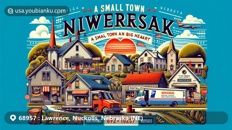 Modern illustration of Lawrence, Nuckolls County, Nebraska, featuring the village's motto 'A Small Town With A Big Heart' and unique elements like the Chicago, Burlington and Quincy Railroad history, rural landscape, and postal theme with ZIP code 68957.