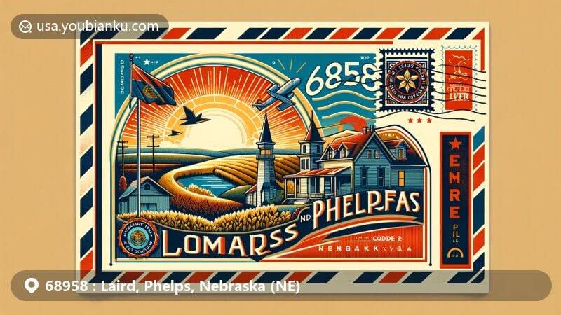 Modern illustration of Laird, Phelps County, Nebraska, showcasing rural charm and postal theme with ZIP code 68958, incorporating Nebraska state flag and village of Loomis.