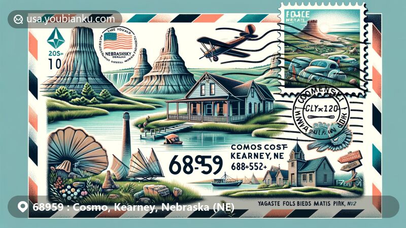 Modern illustration of Cosmo, Kearney, Nebraska, highlighting postal theme with ZIP code 68959, featuring Chimney Rock, Toadstool Geologic Park, Scotts Bluff National Monument, Agate Fossil Beds National Monument, Indian Cave State Park, Yanney Heritage Park, Cottonmill Lake, Pioneer Village, vintage air mail envelope, stamps, and postal symbols.