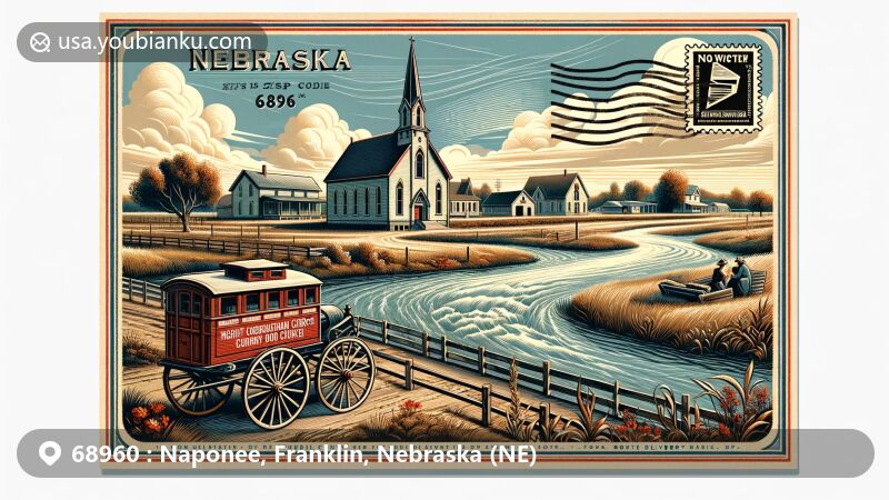 Modern illustration of Naponee, Nebraska, with ZIP code 68960, showcasing postal theme with historic Congregational Church and vintage mail cart, featuring Republican River and Harlan County Dam.