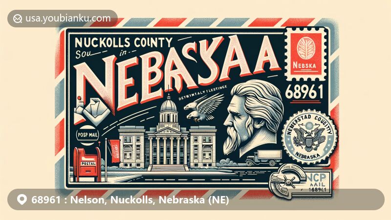 Modern illustration of Nelson, Nuckolls County, Nebraska, featuring vintage air mail envelope with postal theme, Nuckolls County Courthouse, Stansbury building stone faces, Nebraska outline, and postal elements.