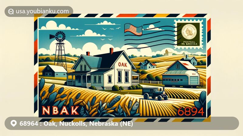 Modern illustration of Oak village in Nuckolls County, Nebraska, representing postal code area 68964 with postcard or airmail envelope shape, featuring accurate postal information and agricultural landscape.