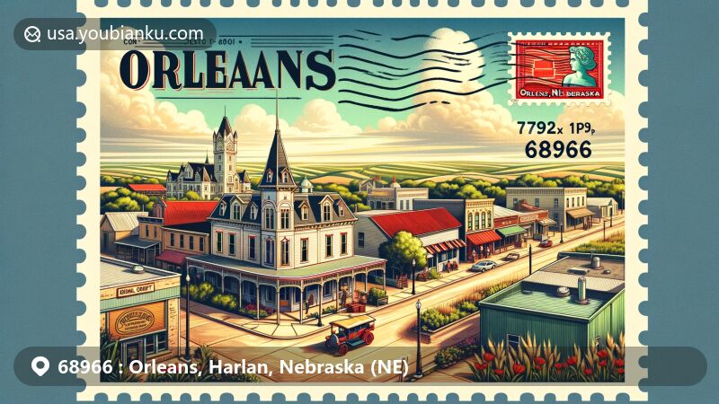Modern illustration of Orleans, Nebraska, displaying small-town charm and historic landmarks like the Harlan County Museum and Orleans Hotel, set against Nebraska's scenic prairie and farmland.