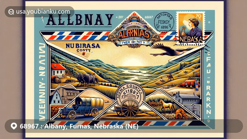 Vintage illustration of Albany, Furnas in Nebraska, showcasing a retro-style airmail envelope depicting the scenic views and features of Furnas County, including the rolling hills of the Republican River Valley symbolizing the region's geography, and a pioneer's wagon reflecting its settlement history. The postage stamp displays the Nebraska state flag, while the postmark clearly shows the postal code '68967'. The overall design combines modern creativity with retro charm, vividly capturing the essence of Albany, Furnas area, suitable for highlighting the unique aspects of this Nebraska postal code region on a webpage.