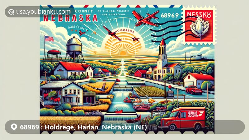 Modern illustration of Holdrege, Harlan County, Nebraska, inspired by ZIP code 68969, featuring Nebraska Prairie Museum, Harlan County Reservoir, and agricultural themes.