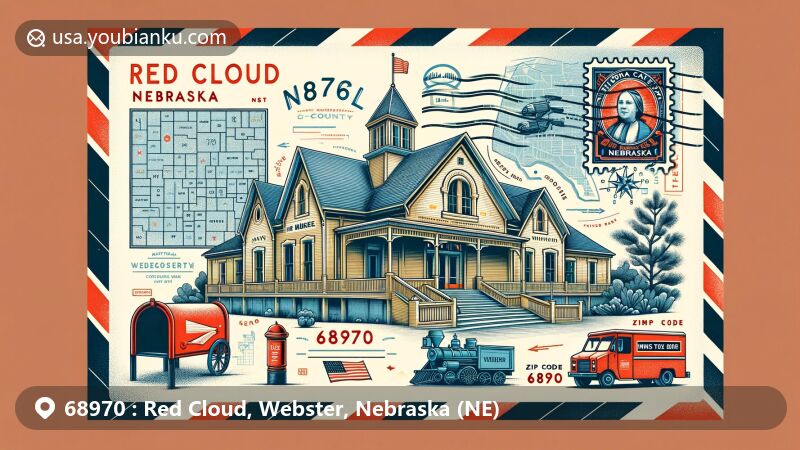 Modern illustration of Red Cloud, Webster County, Nebraska, showcasing postal theme with ZIP code 68970, featuring National Willa Cather Center, Nebraska state flag, and map outline of Webster County.