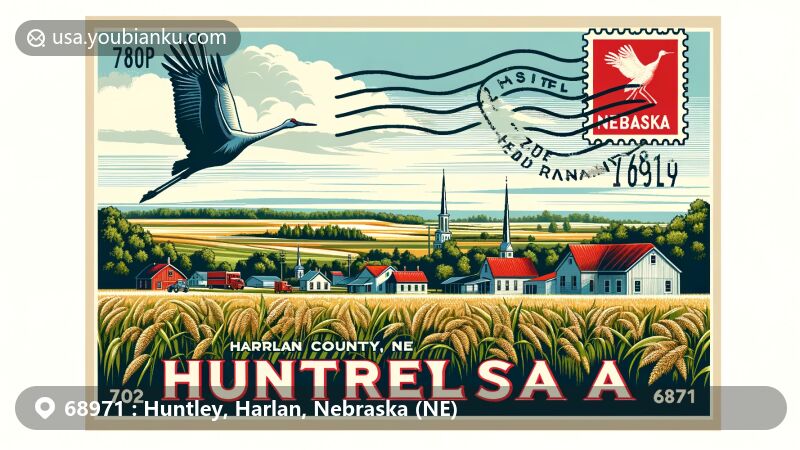 Modern illustration of Huntley, Harlan County, Nebraska, showcasing rural charm with vast fields and clear skies, featuring state flag, Sandhill Crane silhouette, and vintage postal elements.