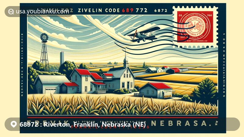 Modern illustration of Riverton, Franklin County, Nebraska, displaying postal theme with ZIP code 68972, featuring Nebraska state flag and agricultural elements.
