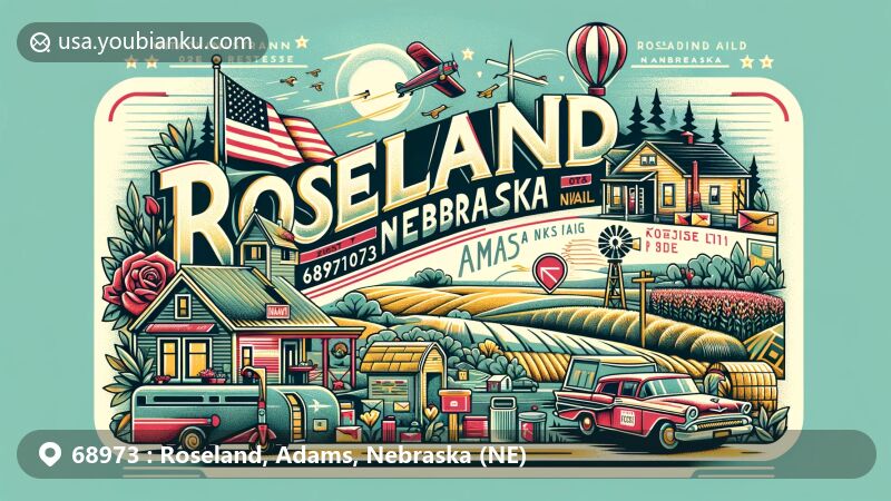 Modern illustration of Roseland, Nebraska, showcasing agricultural landscapes and postal theme for ZIP code 68973, with Nebraska state symbols and community elements.