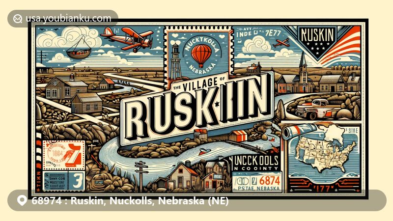 Modern illustration of Ruskin village, Nuckolls County, NE, showcasing postal theme with ZIP code 68974, featuring rural village scene and Nebraska state symbols.