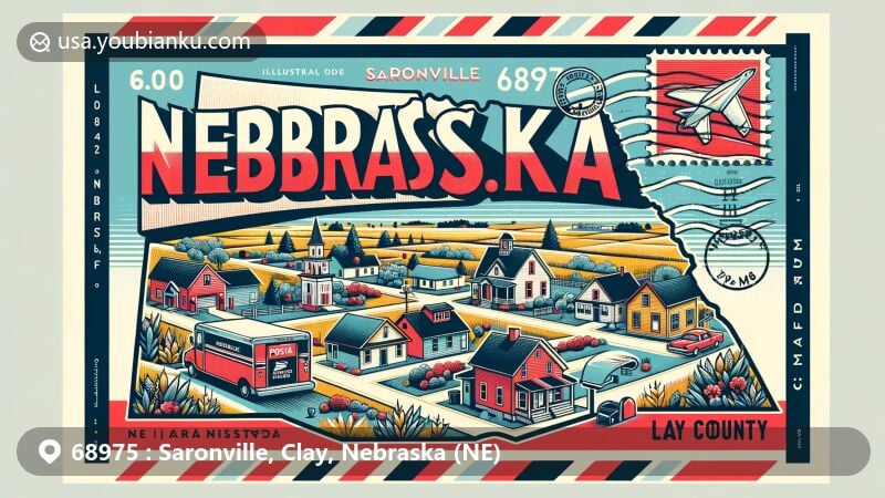 Modern illustration of Saronville, Clay County, Nebraska, highlighting ZIP code 68975, featuring rural village scene, Nebraska map outline, state flag, and postal elements like vintage postage stamp and mail delivery truck.
