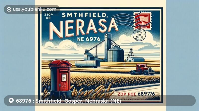 Modern illustration of Smithfield, Gosper, Nebraska (NE) with ZIP code 68976, showcasing countryside scenery with fields and skies, highlighted by a grain elevator, vintage airmail envelope with Nebraska stamps, postbox, and postal truck.