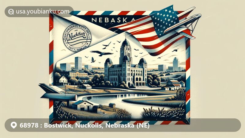 Modern illustration of Bostwick, Nuckolls County, Nebraska, featuring vintage airmail envelope with open design, incorporating elements of rural and agricultural nature, Nebraska state flag, Superior City Hall and Auditorium, and postal elements like vintage stamp, postmark, and red mailbox.