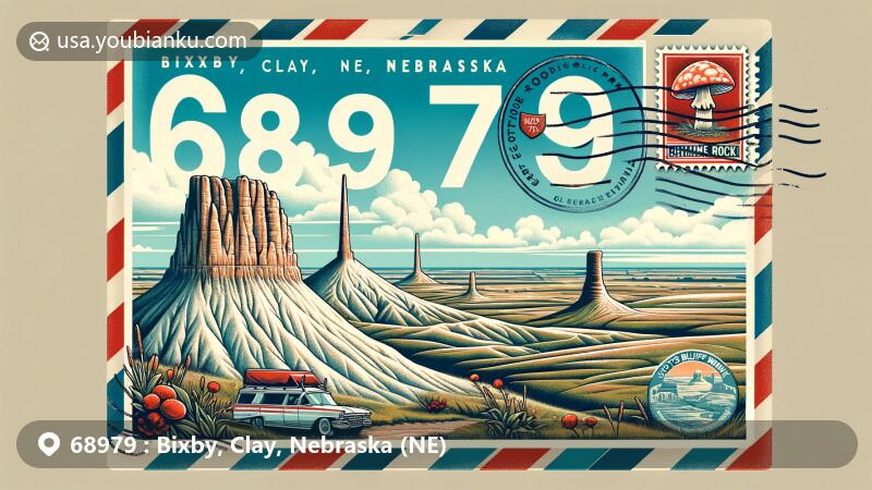 Modern illustration of Bixby, Clay County, Nebraska, depicting ZIP code 68979, featuring iconic landmarks like Chimney Rock, Toadstool Geologic Park, and Scotts Bluff National Monument.