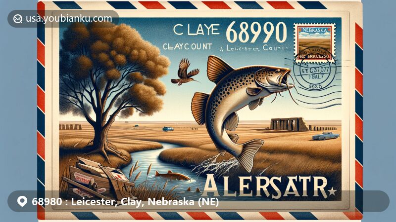 Modern illustration of Leicester, Clay County, Nebraska, showcasing postal theme with ZIP code 68980, featuring iconic Cottonwood tree, leaping catfish, Western Meadowlark, state symbols, and Carhenge stamp.