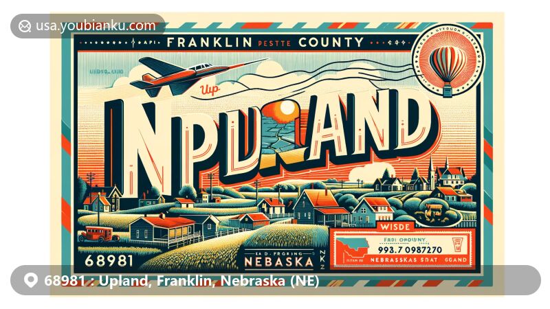 Modern illustration of Upland, Franklin County, Nebraska, portraying small-town charm and Nebraska identity, featuring prairies and state flag design.