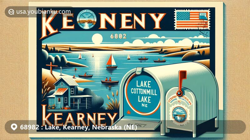Modern illustration of Cottonmill Lake in Lake, Kearney, Nebraska (NE), featuring postal theme with ZIP code 68982, showcasing recreational activities by the lake and a contemporary postcard design with Nebraska state flag and lake image stamp.