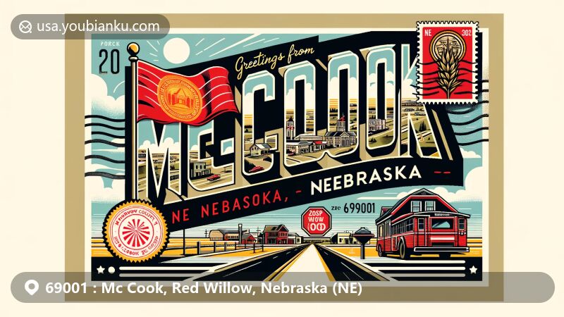Modern illustration of McCook, Red Willow County, Nebraska, showcasing George Norris Avenue and regional landscapes, incorporating urban and natural elements. Features 'Greetings from McCook, NE 69001' in creative font, Nebraska state flag, and Red Willow County outline.
