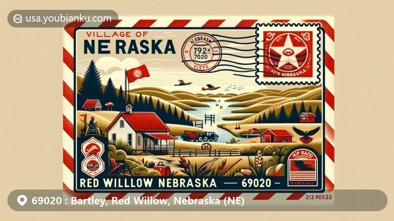 Modern illustration of Bartley, Red Willow County, Nebraska, highlighting ZIP code 69020 and rural atmosphere with rolling hills, forests, fishing, hunting, camping, and hiking motifs.