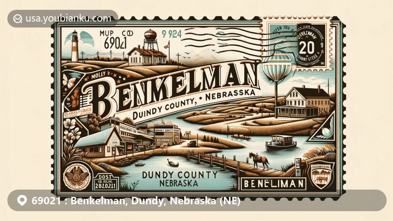 Modern illustration of Benkelman, Dundy County, Nebraska, with vintage postcard design, featuring ZIP code 69021 and iconic Dundy County Museum.