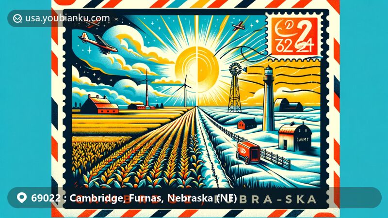 Modern illustration of Cambridge, Furnas County, Nebraska, highlighting postal theme with ZIP code 69022, featuring diverse climate range and rural scenes.