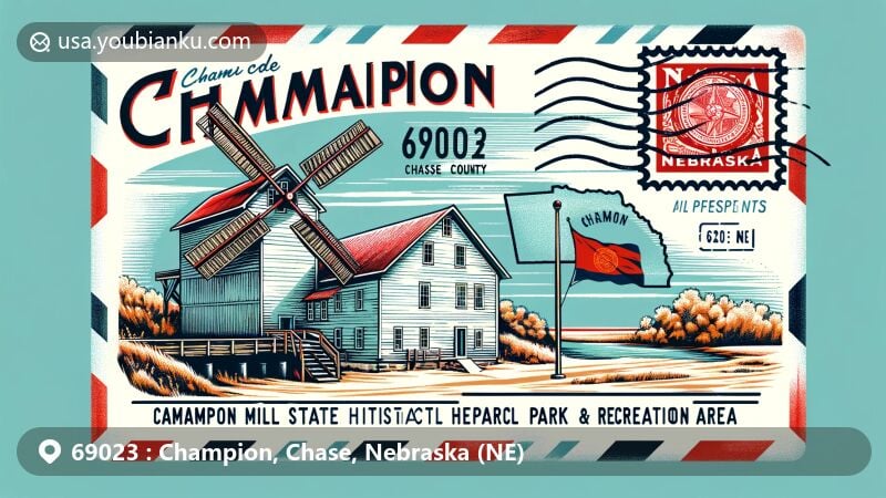 Modern illustration of Champion, Nebraska, showcasing postal theme with ZIP code 69023, featuring Champion Mill State Historical Park and Recreation Area, Nebraska state flag, and Chase County map.