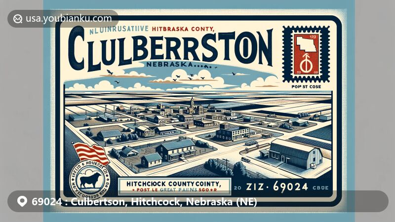 Modern illustration of Culbertson village in Hitchcock County, Nebraska, showcasing downtown area on Taylor Avenue and Great Plains backdrop, featuring Nebraska state flag and Hitchcock County outline.