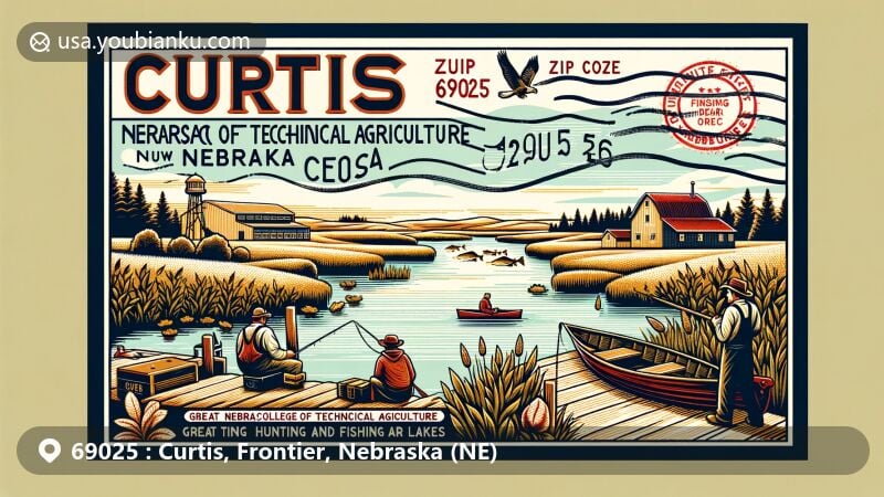 Modern illustration of Curtis, Nebraska, showcasing postal theme with ZIP code 69025, featuring Medicine Creek Valley, lakes, hunting, fishing, and Nebraska College of Technical Agriculture.