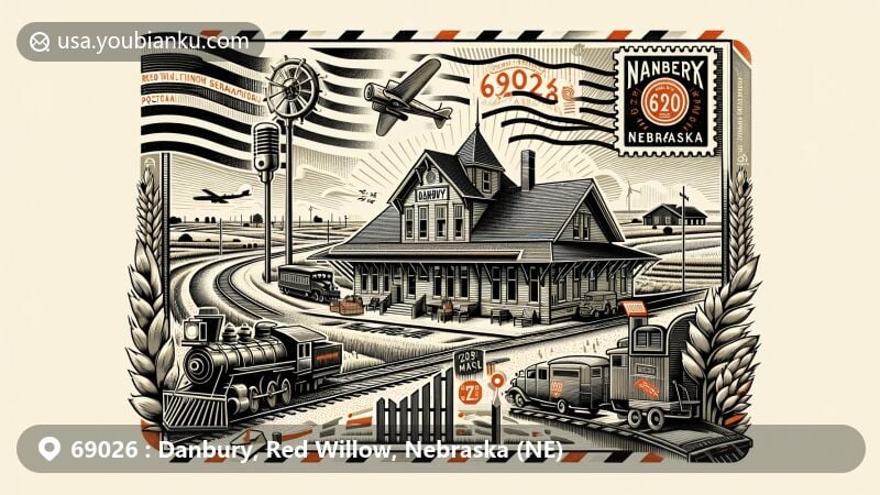 Modern illustration of Danbury, Red Willow County, Nebraska, featuring the historic railroad depot, now a museum, surrounded by Nebraska's characteristic landscapes. Includes postal symbols like stamp and postmark with ZIP code 69026.