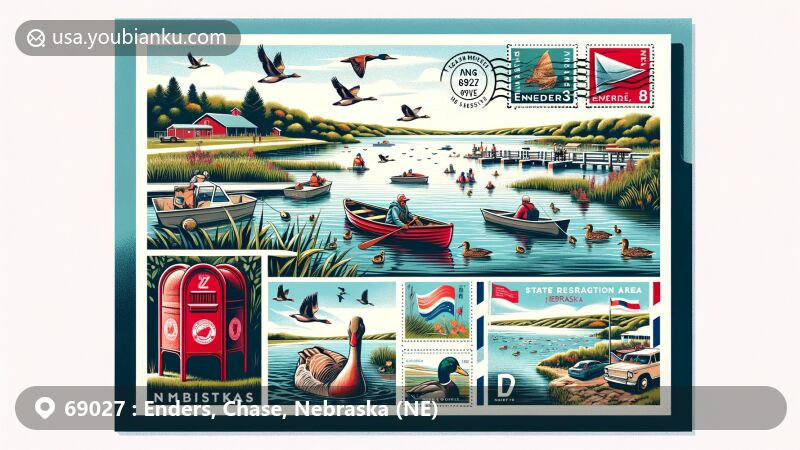 Creative illustration of Enders, Chase, Nebraska (NE), featuring Enders Reservoir State Recreation Area, wildlife refuge with mallards and geese, and postal elements like vintage air mail envelope, wildlife stamps, 'Enders, NE 69027' postmark, and red mailbox.