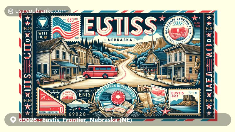 Modern illustration of Eustis, Nebraska, displaying a postal theme with ZIP code 69028, featuring the main street and Gallagher Canyon State Recreation Area.
