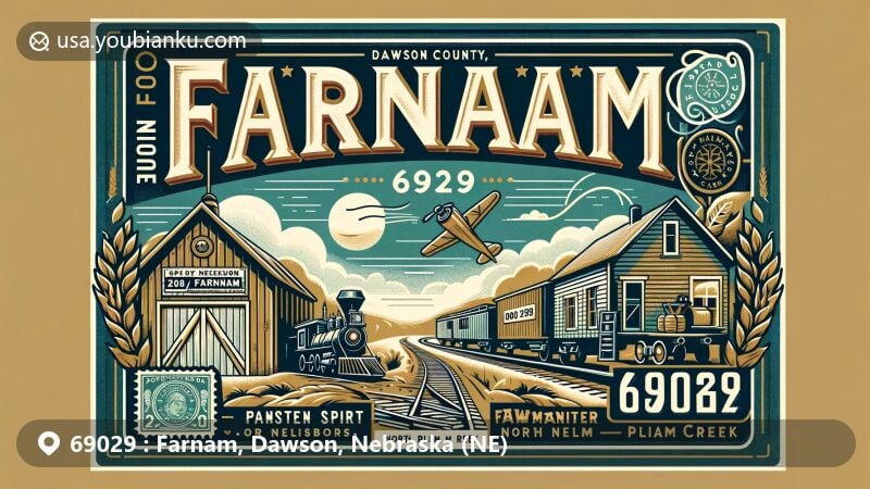 Modern illustration of Farnam, Dawson County, Nebraska, capturing pioneer history, railroad influence, and scenic North Plum Creek, with vintage postal theme showcasing ZIP code 69029.