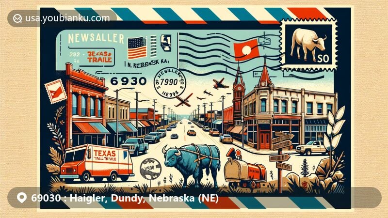 Illustration showcasing a stylized postal card or envelope for Haigler area in Dundy County, Nebraska, ZIP code 69030. Includes iconic locations like the intersection of Nebraska Avenue (US Highway 34) and Porter Avenue, along with the historic Texas Trail Canyon - a route for Texas cattle drives. Features Nebraska state emblem, postal elements such as stamps, postmark with 69030 code, mailboxes, and mail truck, capturing the charm of Haigler town, its historical significance in cattle trails, and its location in Dundy County.