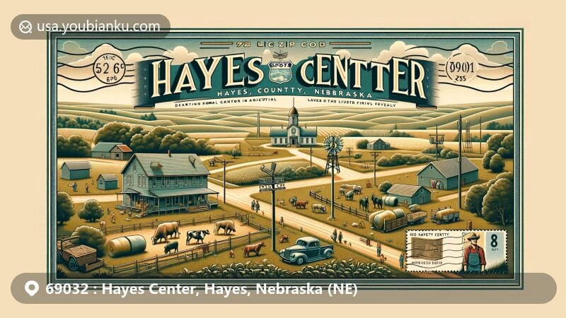 Modern illustration of Hayes Center, Hayes County, Nebraska, capturing rural and agricultural spirit with wide-open fields, farm animals, and technology symbols for connectivity, featuring county courthouse and vintage postcard frame with ZIP code 69032 and local event icons.