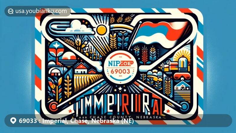 Modern illustration of Imperial in Chase County, Nebraska, showcasing postal theme with ZIP code 69033 and state flag, featuring stylized air mail envelope framing iconic symbols and unique characteristics of the area in dynamic design.