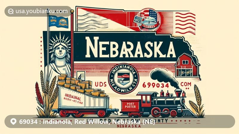 Modern illustration of Indianola, Red Willow County, Nebraska, showcasing agricultural heritage and beauty of Medicine Creek in the 69034 postal code area, featuring rolling hills, farming scenes, community gathering, and Nebraska state symbols.