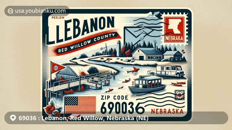 Modern illustration of Lebanon, Red Willow County, Nebraska, showcasing postal theme with ZIP code 69036, featuring Red Willow Reservoir and village charm.