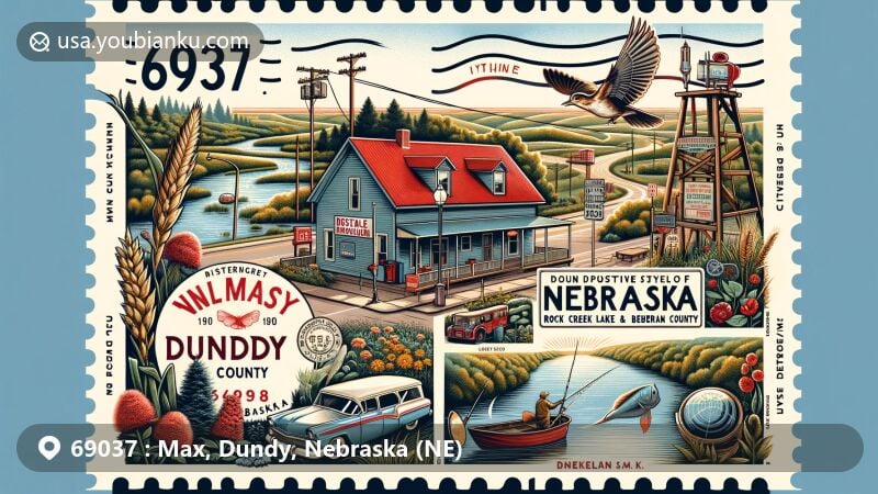 Modern illustration of Max, Dundy County, Nebraska, featuring ZIP code 69037, blending natural beauty with postal elements, showcasing Republican River valley countryside and Dundy County Museum in Benkelman.