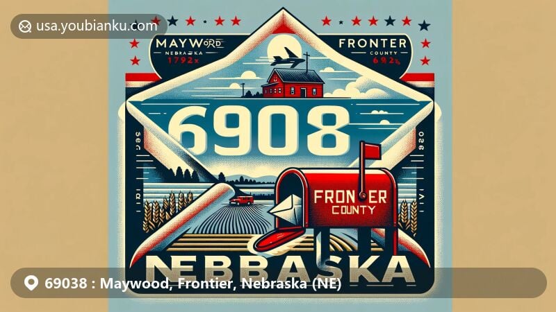 Modern illustration of Maywood, Frontier County, Nebraska, highlighting ZIP code 69038 with vintage air mail envelope, Nebraska state flag, Frontier County outline, red mailbox, and agricultural essence.