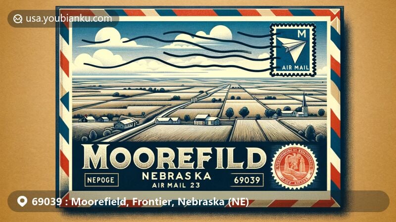 Modern illustration of Moorefield, Frontier, Nebraska, highlighting ZIP code 69039 with vintage air mail envelope design and serene landscape, including Nebraska Highway 23 and state flag.