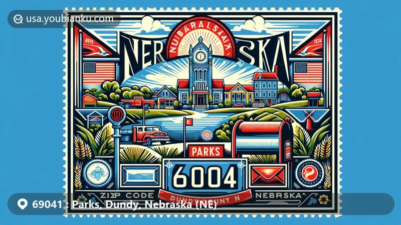Modern illustration of Parks, Dundy County, Nebraska, featuring ZIP code 69041, showcasing rural landscape and small-town charm with postal elements and Nebraska state symbols.