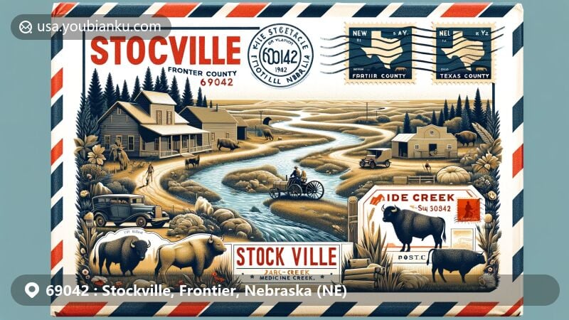Modern illustration of Stockville, Frontier County, Nebraska, featuring a creatively designed air mail envelope with prominent ZIP Code 69042. Depicts a picturesque scene of Stockville with Medicine Creek, cattle, and ranching, symbolizing the town's history and rural charm. Includes Nebraska state flag, Frontier County silhouette, vintage postal stamps of iconic figures, and Stockville postmark.