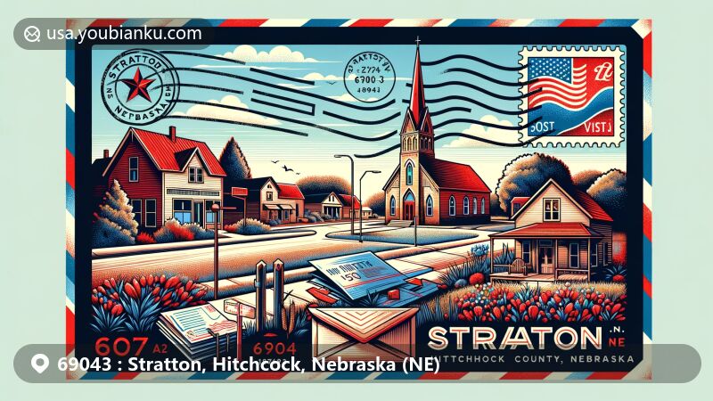 Modern illustration of Stratton, Nebraska, highlighting postal theme with ZIP code 69043, featuring Stone Church, Bailey Street, Great Western Cattle Trail, and local flora and fauna from Hitchcock County.