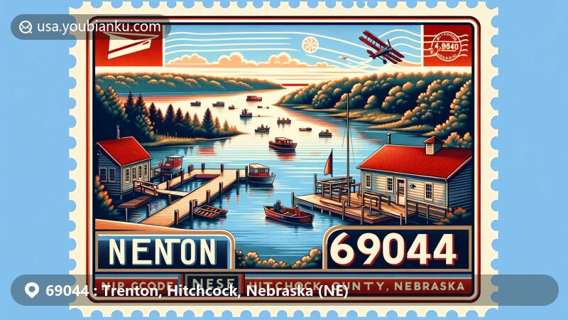 Modern illustration of Trenton, Hitchcock County, Nebraska, blending Swanson Reservoir State Recreation Area and Hitchcock County Museum, in a vintage postage stamp frame with 69044 Trenton, NE highlighted.